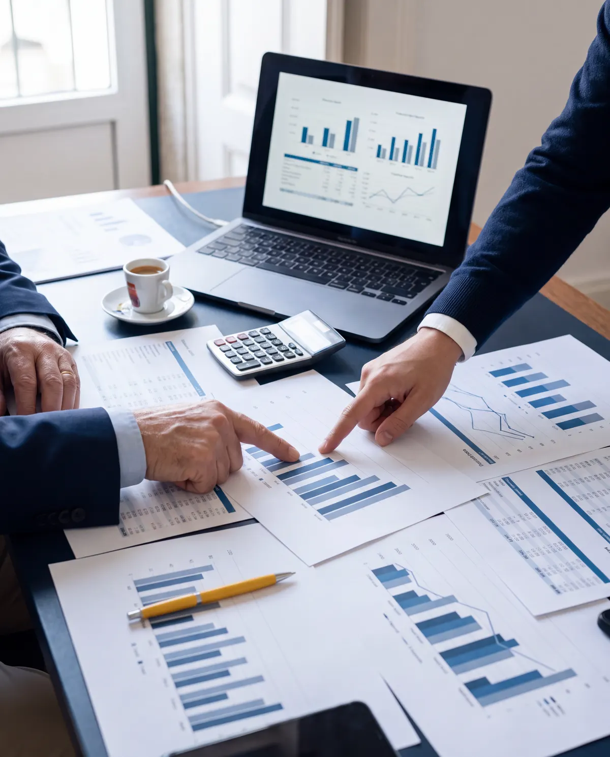 Mesa de trabalho com relatórios financeiros e duas pessoas a analisar um gráfico.