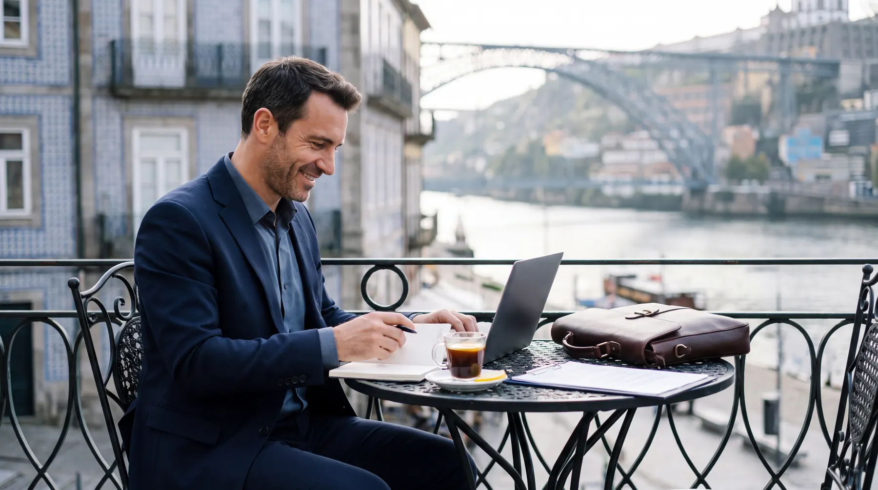 Empresário numa esplanada no Porto a preparar o seu negócio em Portugal.